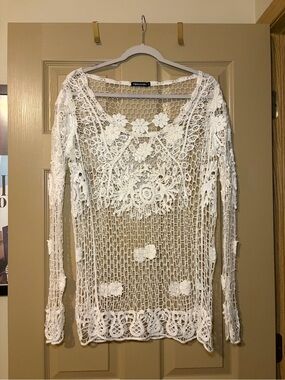 White Crochet Long Sleeve Top